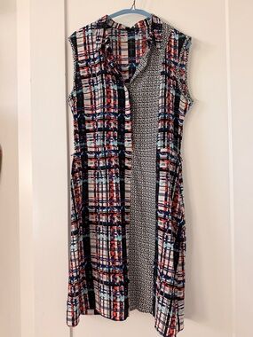 Sleeveless Silk Dress in Navy, Coral & White Sz 12 Misha Nonoo